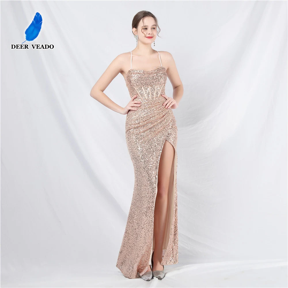 

DEERVEADO Chic Sequins Evening Dress for Woman Sexy Backless Bandage Party Dresses Long Formal Occasions Gowns