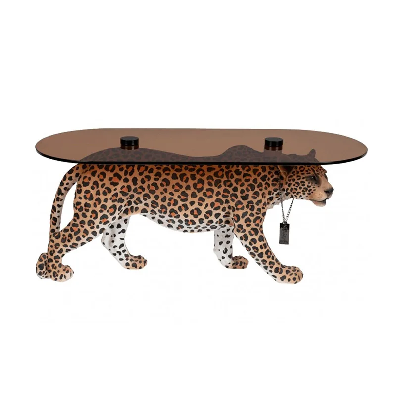Coffee Table Leopard Tempered Glass Table Animal Figurines Living Room Decorative Furniture Panthera Pardus Sculpture Modern Art view 2