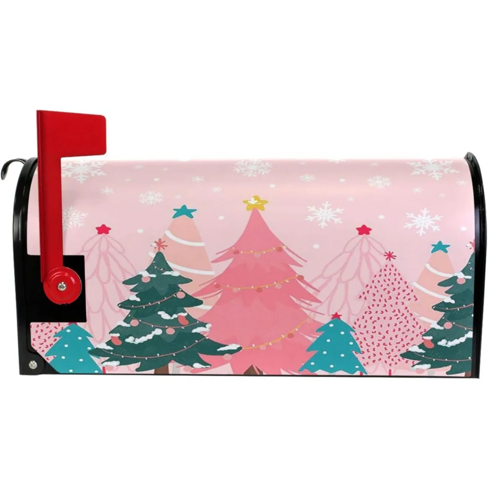 Pink Magnetic Christmas Tree Mailbox Cover with Snowflake Design, Standard Size 21"x18", Weather-Resistant Holiday Decor