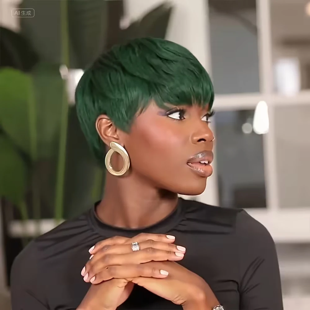 Зеленый цвет, 180% плотность, многослойный короткий парик с стрижкой пикси, прямой парик из человеческих волос с челкой, машинное производство, предварительно выщипанное для чернокожих женщин