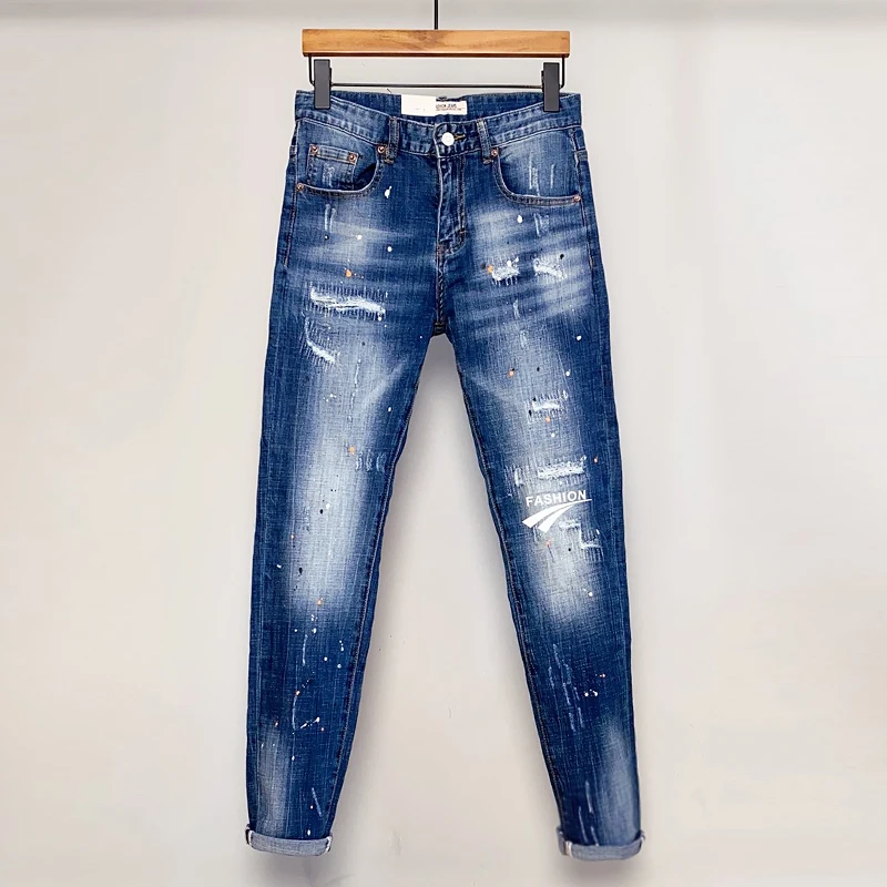 

Men's Slim Fit Stretchy Jeans Patchwork Hole Print Thin Summer Trendy Brand Dyeing Cotton Elastic Casual Long Pants