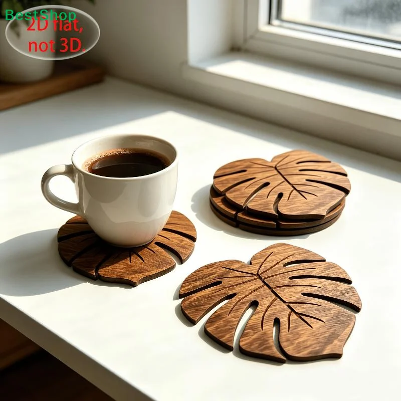 〔R〕6Pcs 2D Flat Printing Monstera Deliciosa Natural Wood Coaster Set,Anti-Slip Table Mat,Best Choice For Christmas, Perfect Gift
