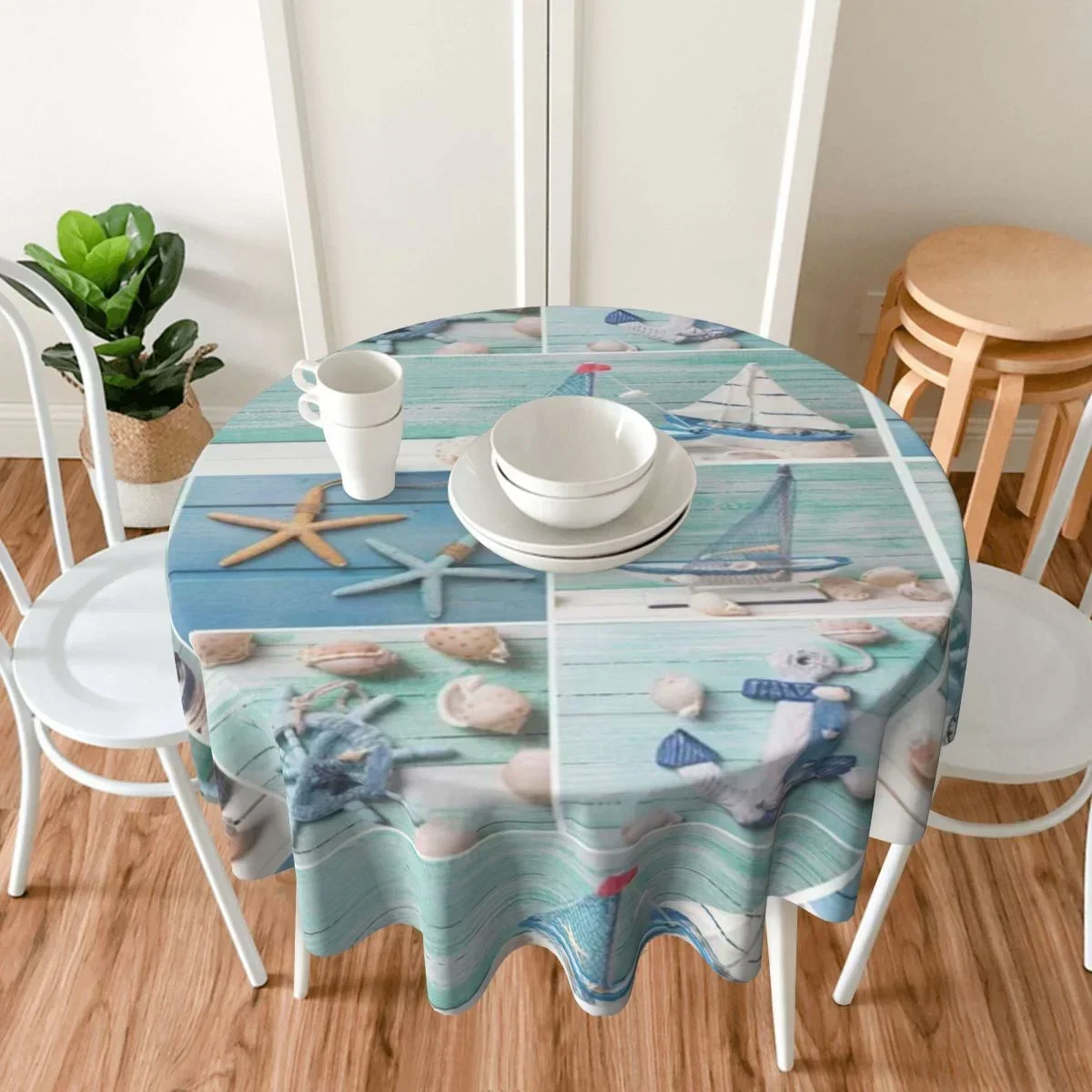 

Sea Lighthouse Seashell Starfish Dining Table 3D Round Tablecloth Polyester Waterproof Tablecloth For Dinner Kitchen Birthday