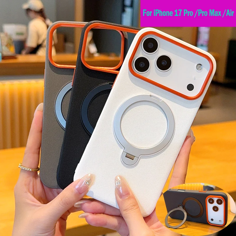 

Чехол для телефона с вращающейся подставкой для Apple iPhone 17 Pro Max Magsafe, роскошный магнитный прочный противоударный чехол из искусственной кожи для iPhone Air