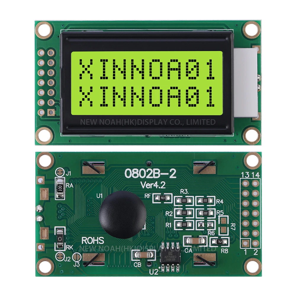 Écran LCD d'origine avec puce ST7066, film jaune et vert, technologie d'affichage LCM, 3.3V Rick, 14 broches, 02x8, 0802mm, 58x32x13.5mm, 0802B-2