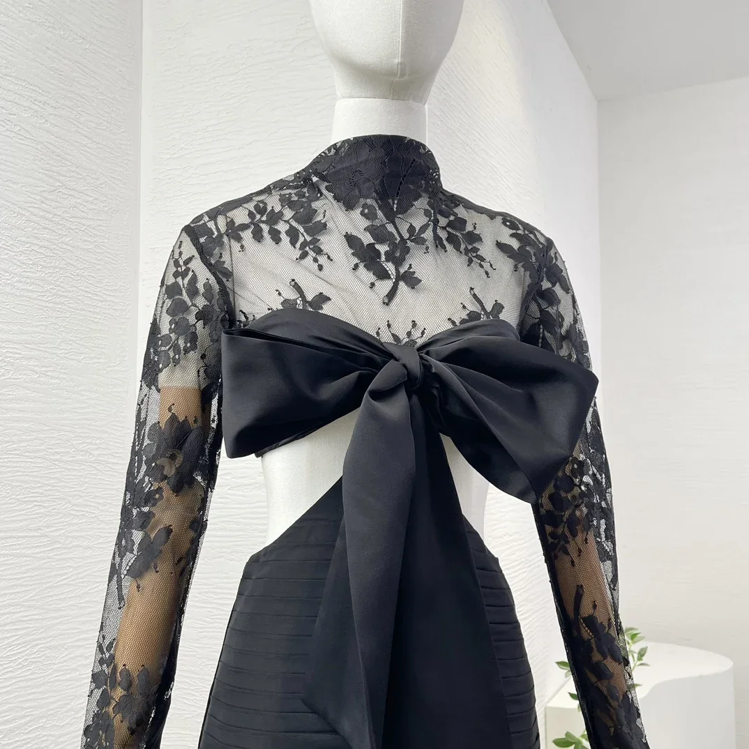 2025 vestido maxi plisado con cintura recortada y manga larga con lazo largo de encaje negro