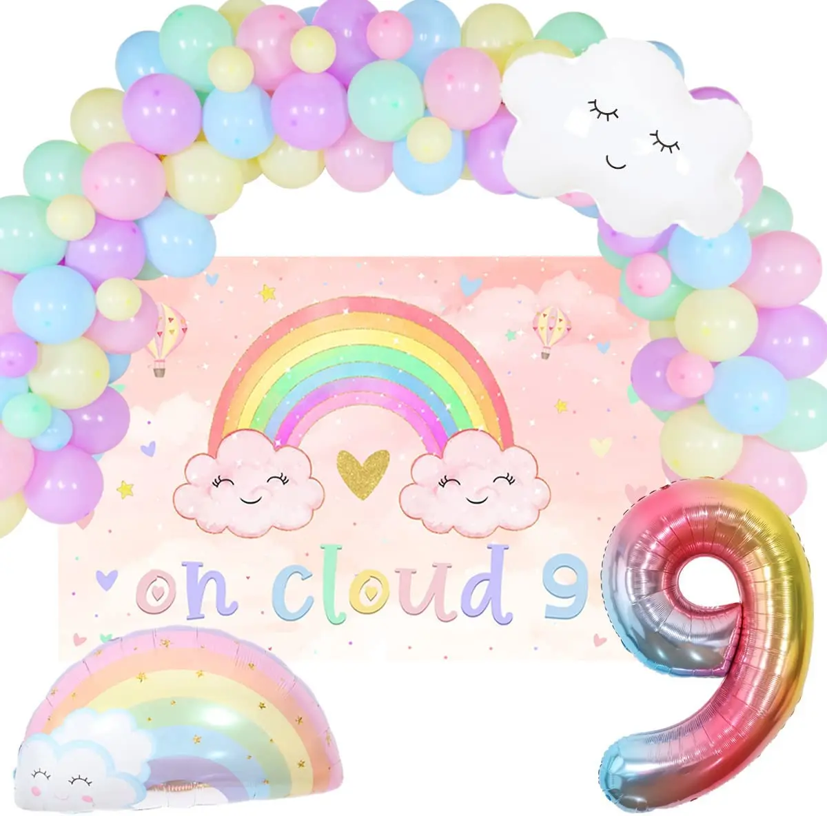 

On Cloud 9 Birthday Decoration Girl Pastel Macaron Balloon Garland Kit & Backdrop Rainbow Sky Party Supplies for Nine Year Old