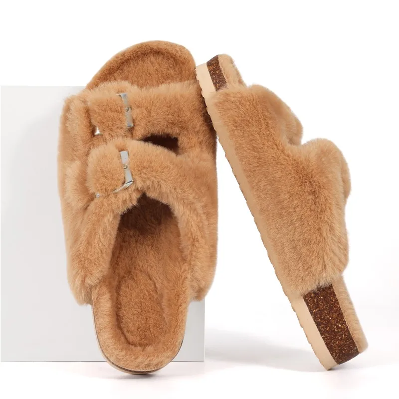 

Новые зимние женские модные тапочки с улыбкой, весенние пушистые плюшевые туфли, мягкие домашние и уличные домашние тапочки с двойной пряжкой и открытым носком