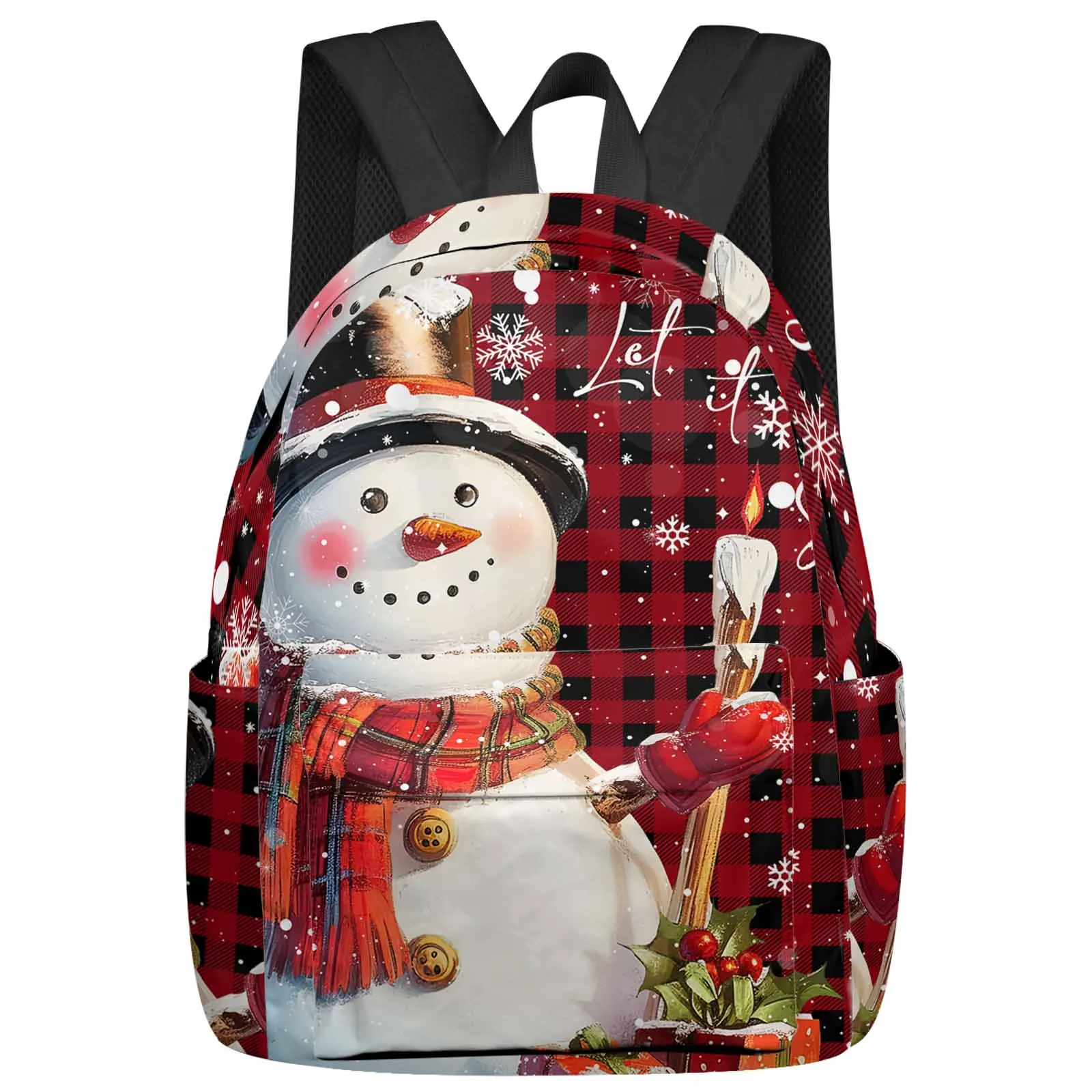 

Christmas Snowman Snowflake Grid Large Capacity Backpack Men Laptop Bags High School Teen College Girl Student Mochila