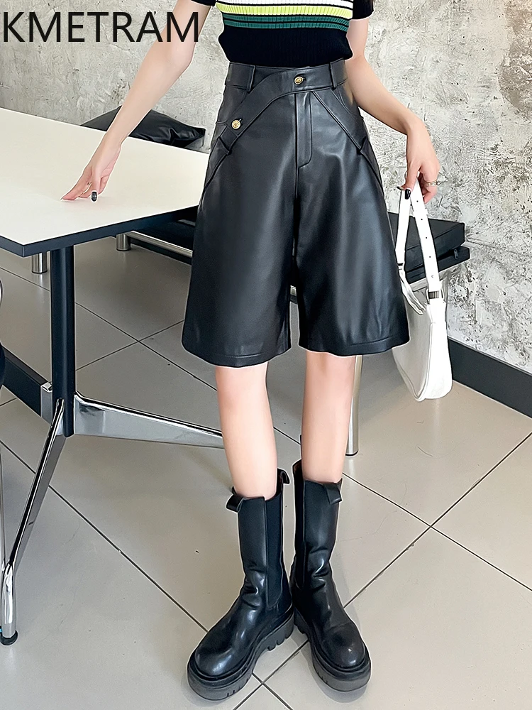 KMETRAM 100% Top Layer of Sheepskin Women Pants Autumn 2025 Genuine Leather High Waisted Black Knee-length Shorts Woman Clothing