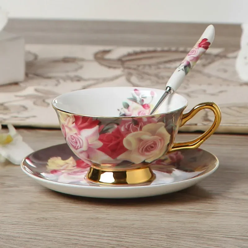 Bone China Coffee Cup Spoon Saucer Set English afternoon Tea cup Coffeeware 170ml Porcelain Cup and Saucer for Coffee