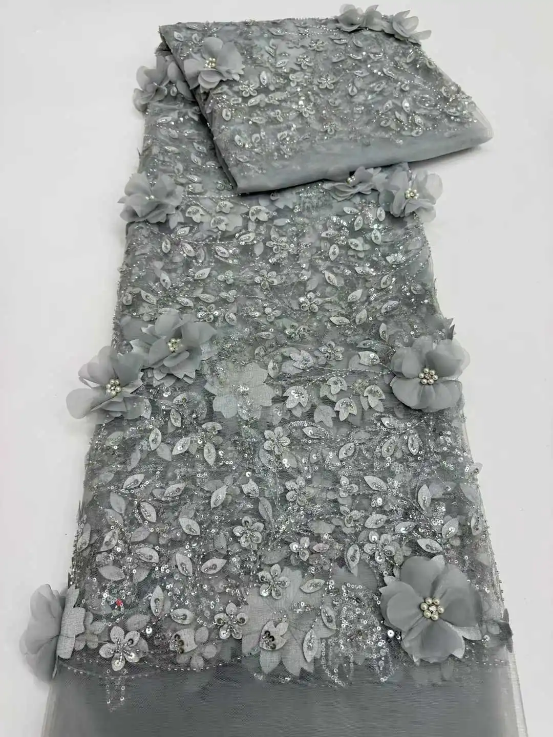 2026 High-Quality Nigerian Tulle 3D Lace Fabric Embroidery Sequins Party Guipure Chiffon 5Yards for Wedding Sewing Dress 2046