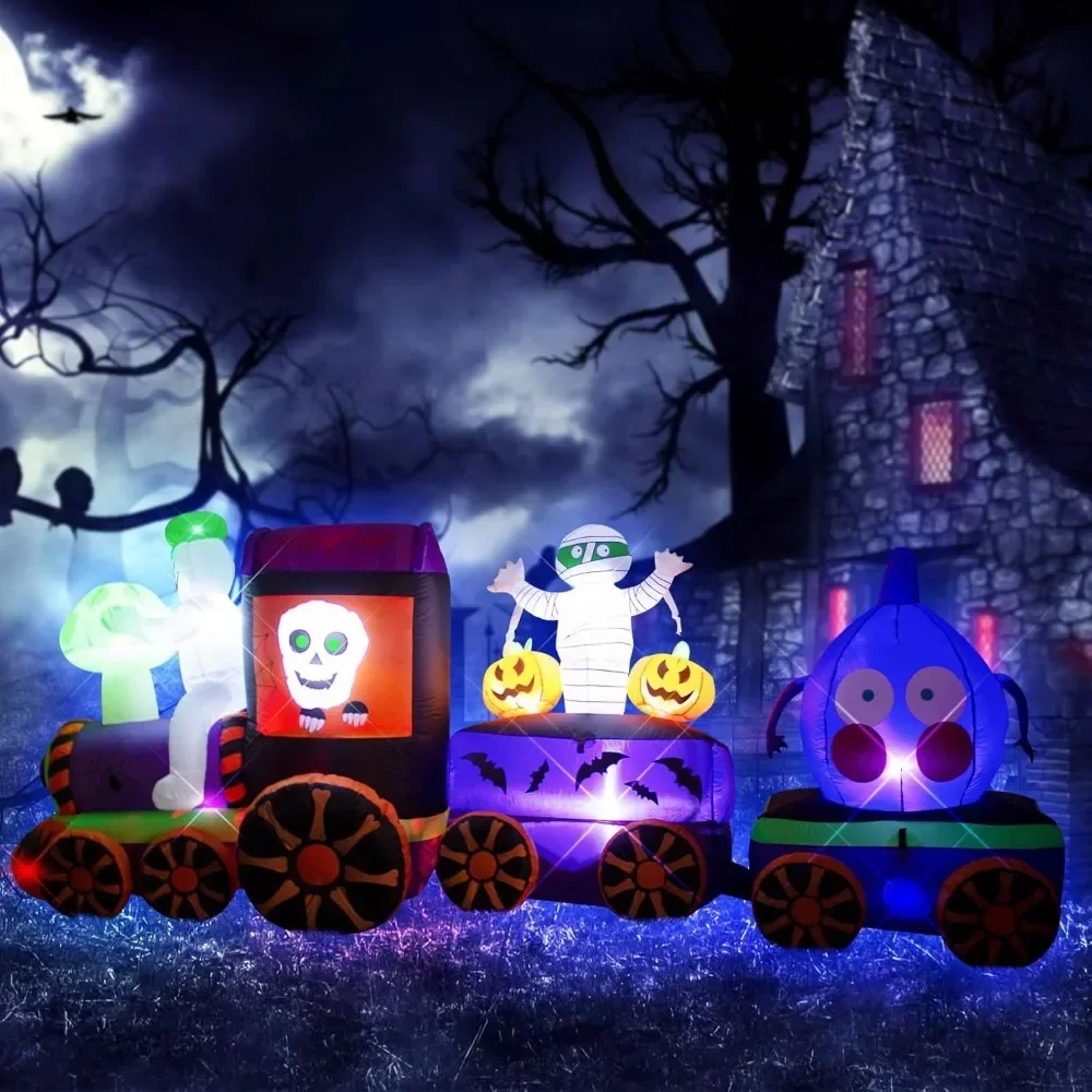 11FT Halloween Inflatables Ghost Train with Mushroom Onion Heads and Mummies Skulls, Built-in LEDs for Halloween Blow Up