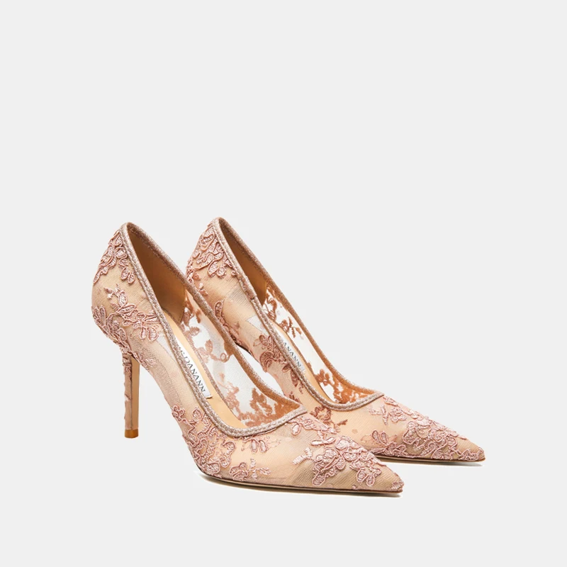 

Women heels 2025 pink mesh lace Women's elegant high heels Luxury Brand Shallow Pointed Toe Sexy Pumps Ladies Prom Shoes Women