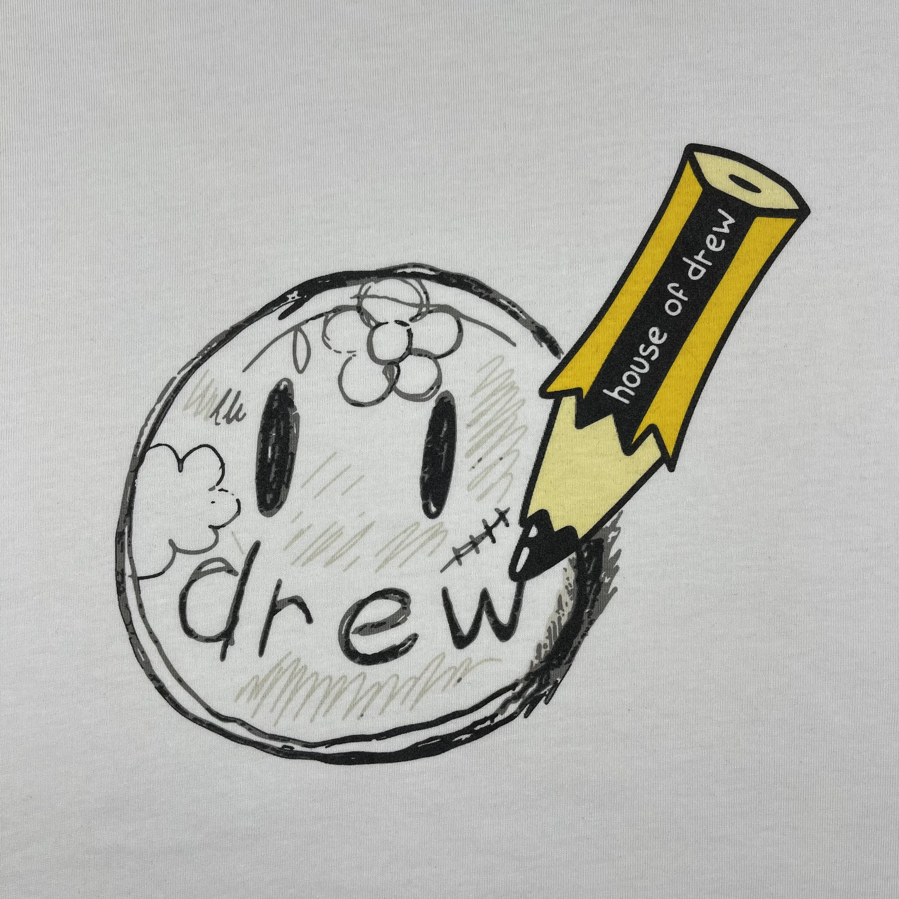 Vintage Drew House Pencil Smiley Print T-shirt Men Oversized Heavy Cotton Casual Streetwear Short Sleeve Tee
