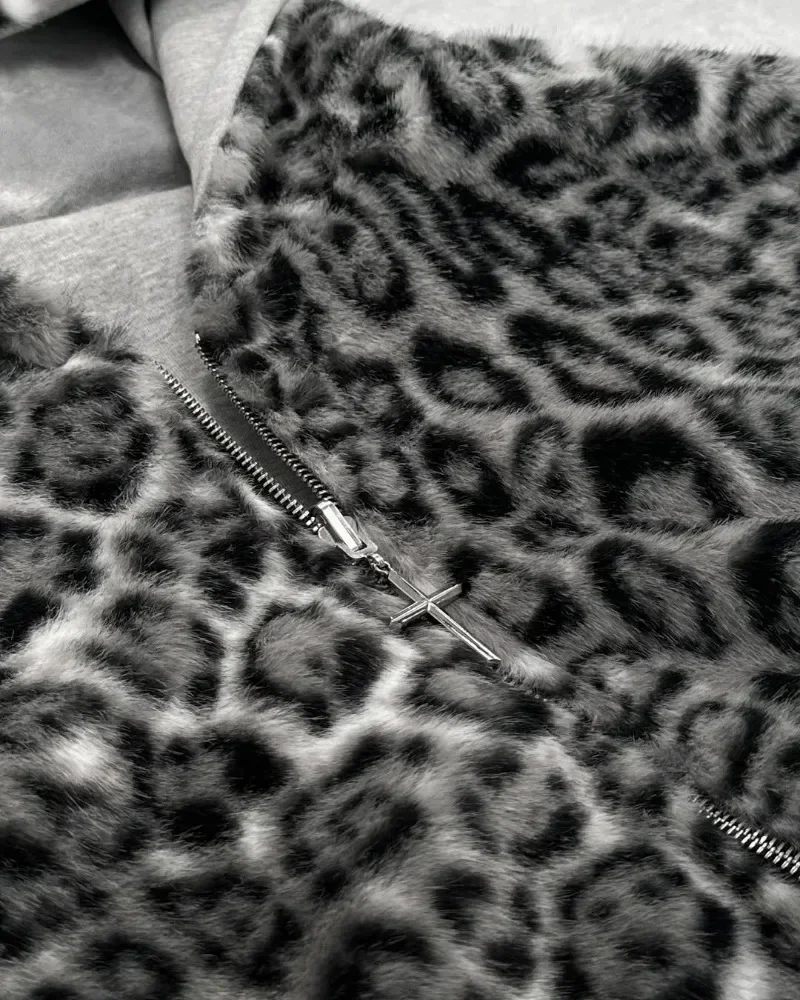 leopard double-sided clothing in autumn and winter original Kuaku retro stylish loose zipper hoodie street casual sweatshirt