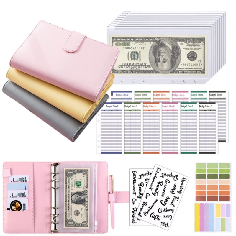 A6 PU หนัง Budget Binder เงินสดซองกระเป๋าซิปขนาดเล็กภาษาฝรั่งเศสคํา Budget POUCH Planner Organizer สําหรับประหยัดเงิน