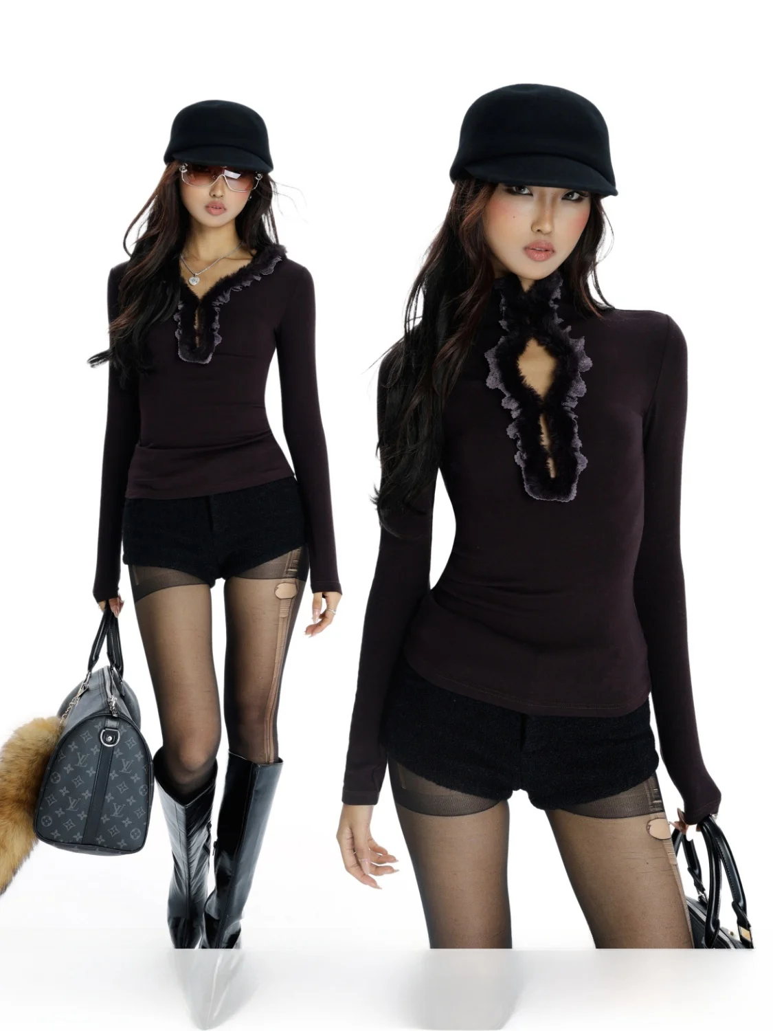 

Audwyn Night Purple Lace Trim Tight Fit Inner Wear T-irt Date Sexy Splice Girl Date Close Fit Long Sve Cotton Blend T-irt