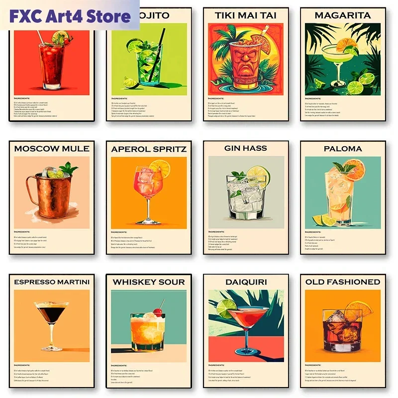 Frameless Old Fashioned Cocktail Drinks Negroni Mojito Posters Retro Aperol Spritz Canvas Prints Wall Art Painting Pictures Bar