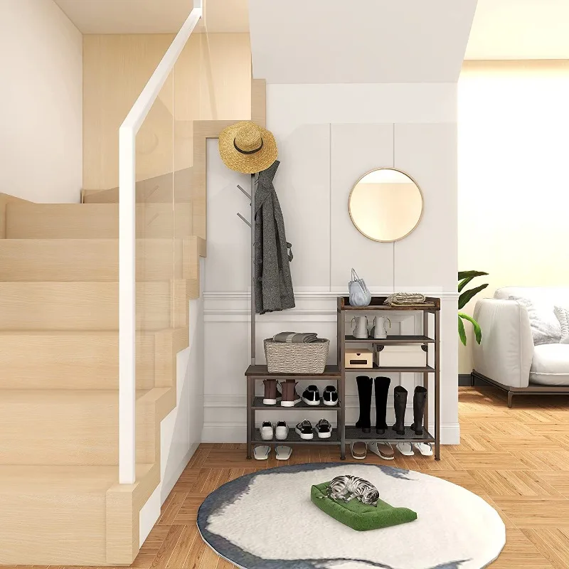 Four-in-one coat rack, simple clothes, shoes, finishing rack, steel and wood structure, foyer tree