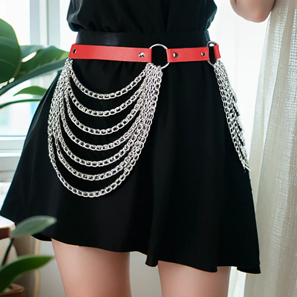 Red Sexy Leg Harness Women Gothic Leather Lingerie Thigh Garter Belt with Chain Harness BDSM Fetish Exotic Clothing Accessorie