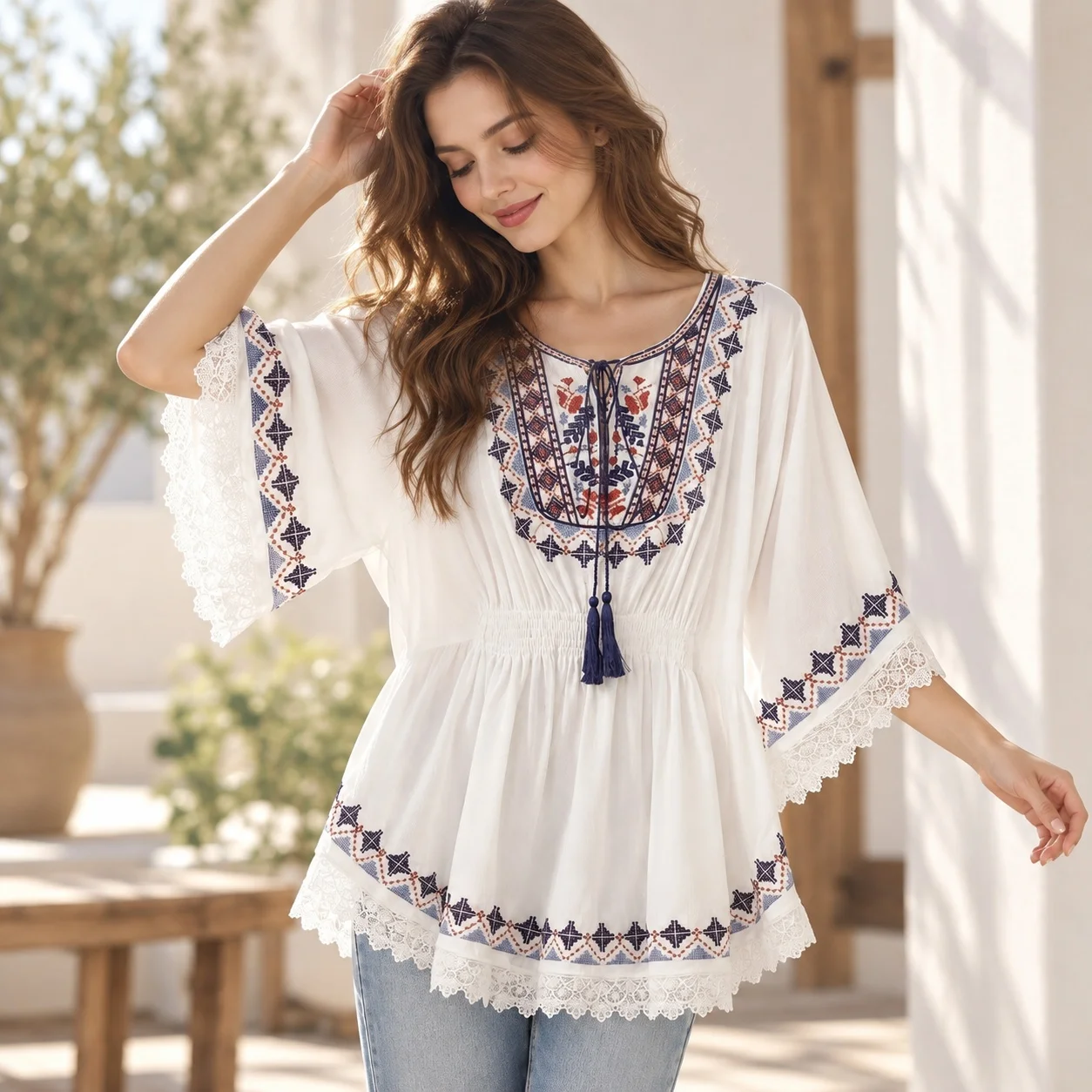 Loose Fit Round Neck Blouse with Floral Pattern Midi Length Casual Drop Shoulder Sleeve Women Blouse Japanese Korean Style
