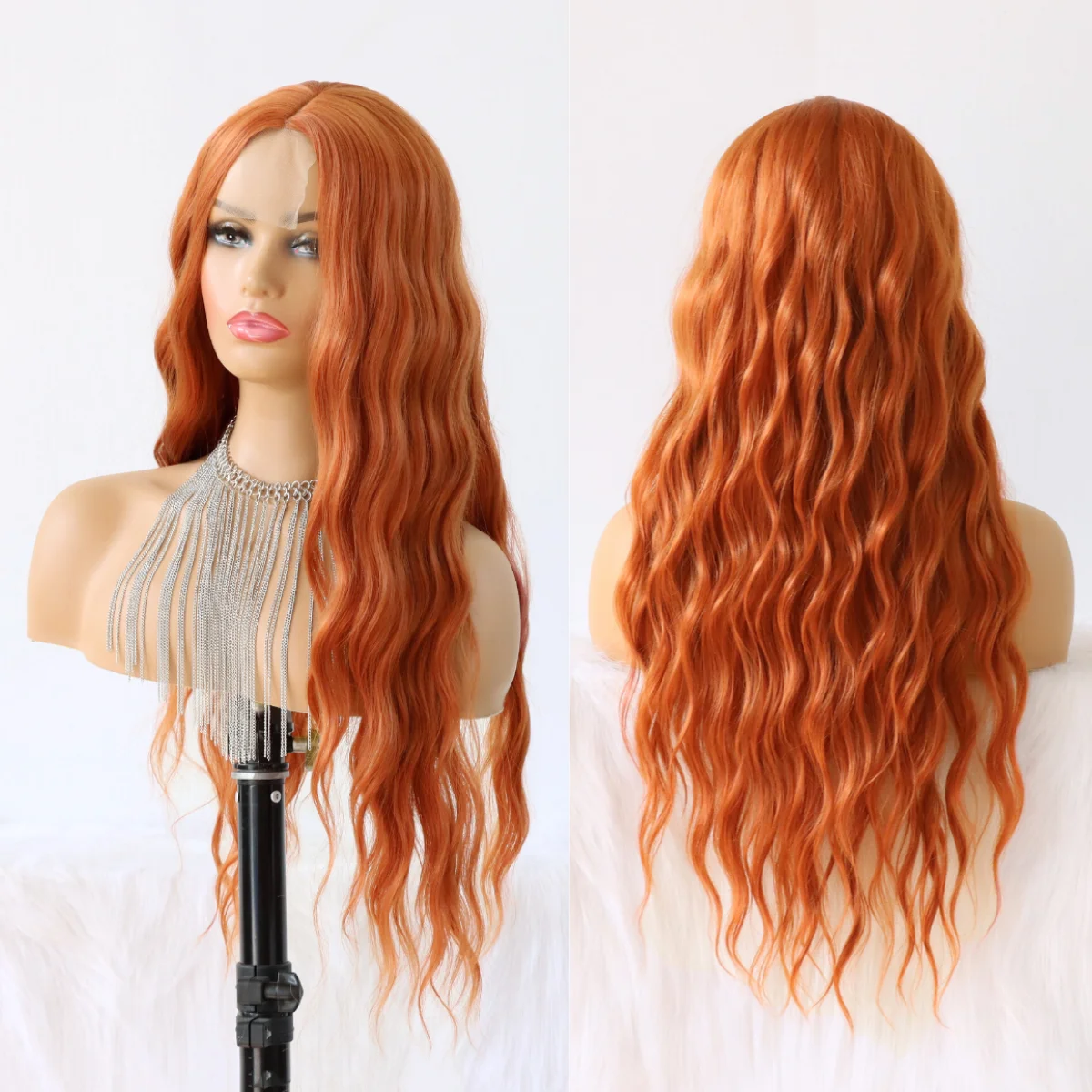 Orange Red Lace Front Wigs Glueless Ginger Color Natural Wave Synthetic Heat Resistant Fiber Hair Wig for Cosplay Daily Use