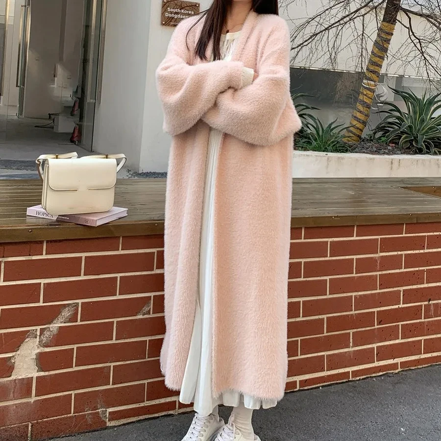 Elegant Long Knee-length Sweater Cardigan Autumn/winter New Idle Style Loose-fit Thickened Sweater Jacket Cross-border Korean