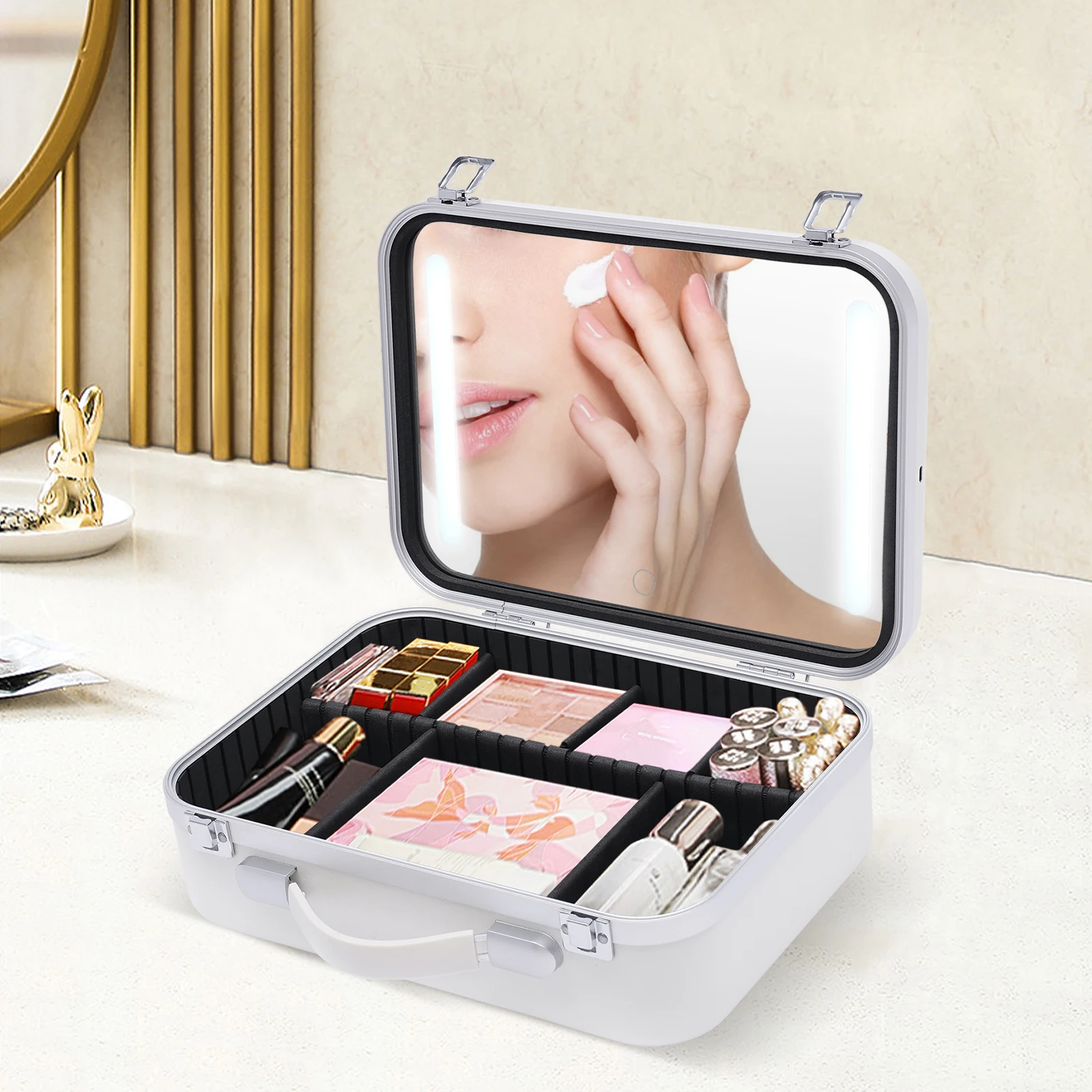 Professional Makeup Bag White Large Portable Durable Cosmetic Box Travel Toiletry Organizer With LED Light Mirror & Dividers