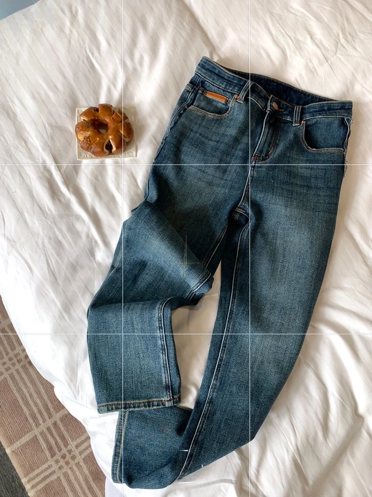 

Women's Fce Lined Straight Leg Jeans High Waist Design Sensation Autumn Winter New Arrival Deep Blue Long Pants