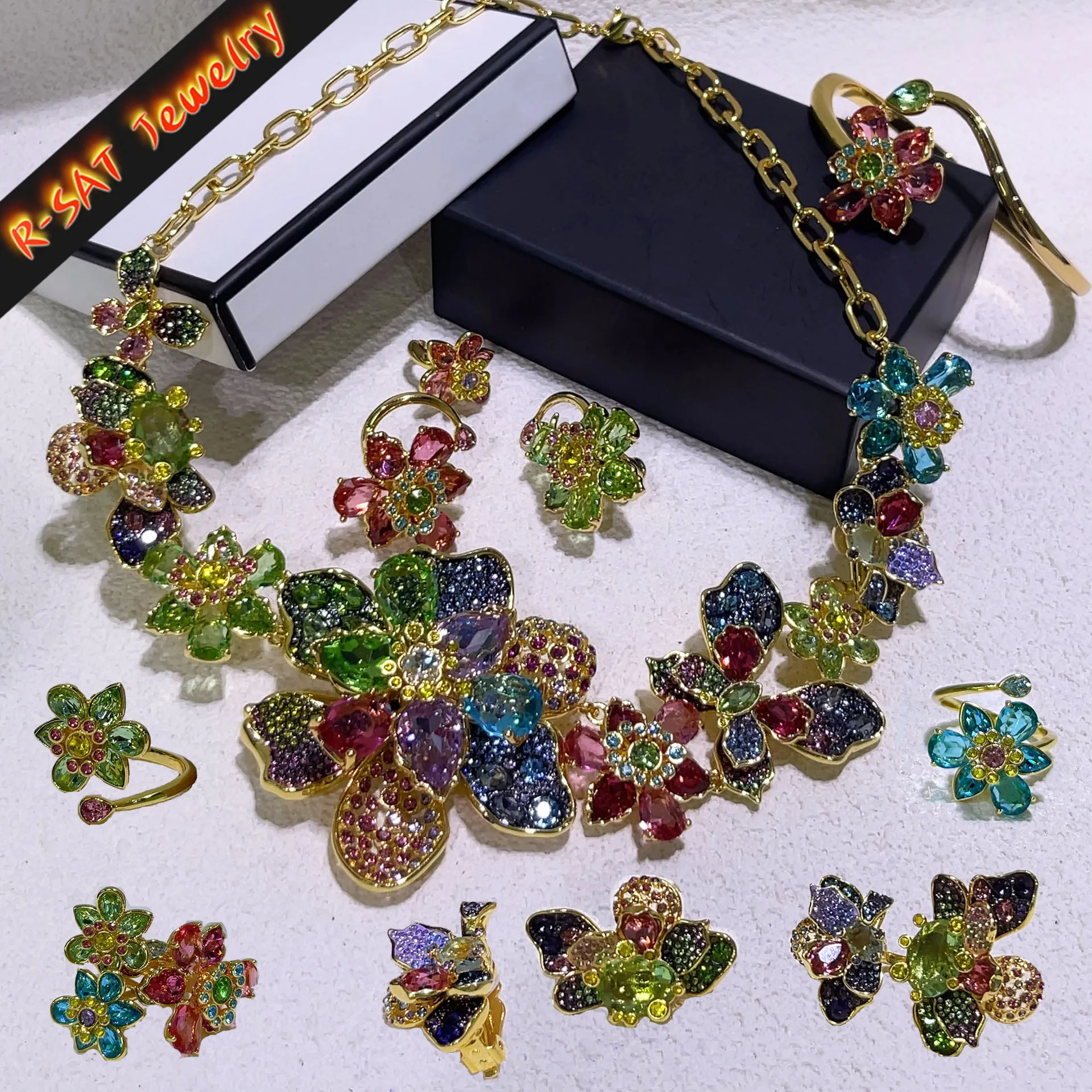 

2025 New Color Big Flower Original Jewelry Sets Boutique Crystal Irregular Earring Necklace Ring Bracelet Wedding Gift for Women