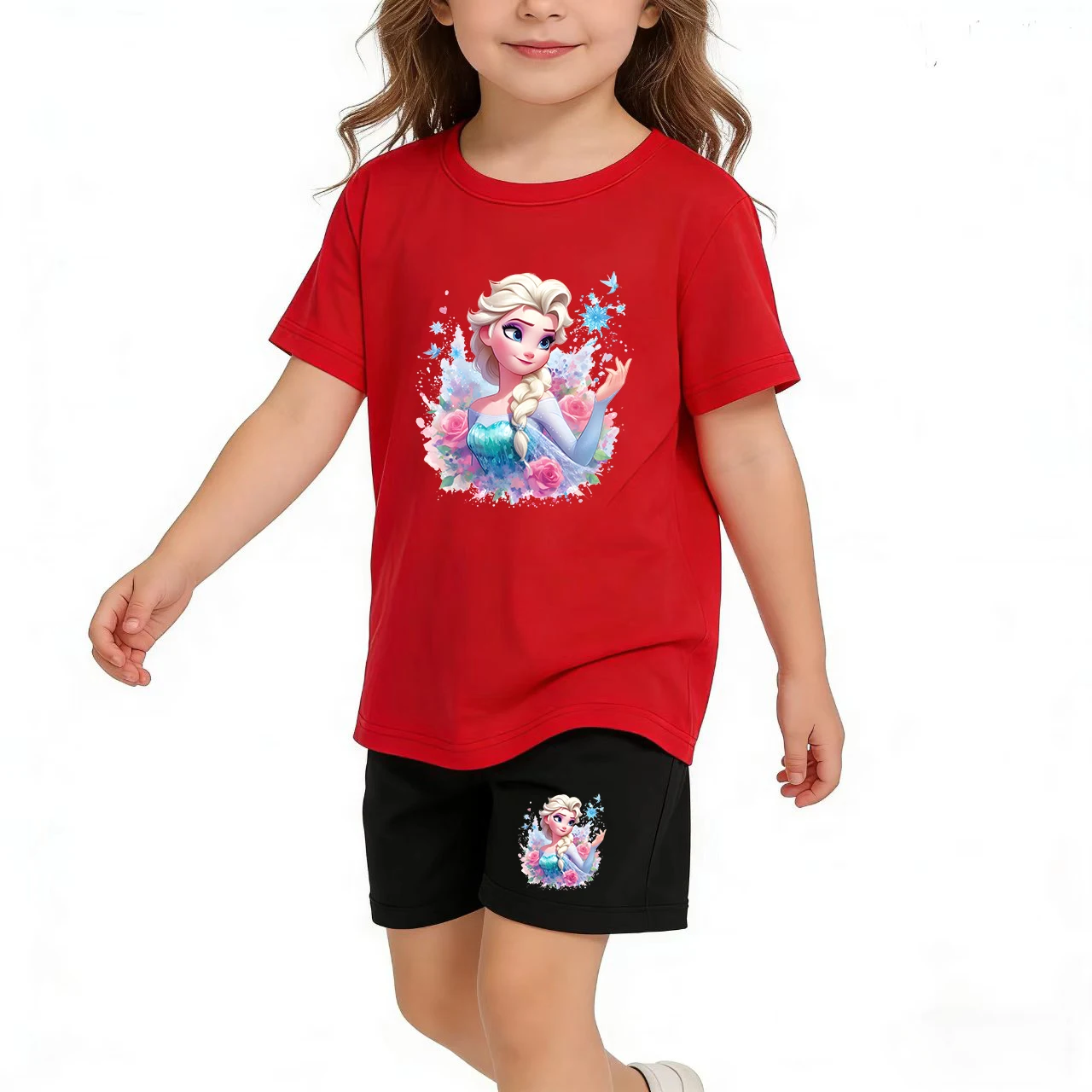 

Kids Summer Pretty Girl Clothes Princess Elsa Print T-shirt 3-12Years Boy Girls Short-sleeved+Shorts Two-piece Casual Sports Set