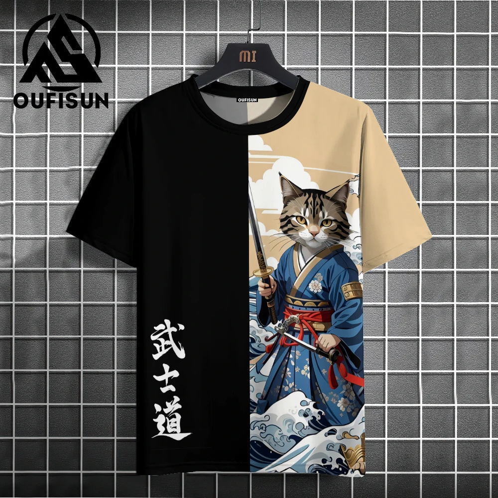 Camiseta con estampado de gato de dibujos animados para hombre, Jersey informal con estampado de Samurai japonés, camisetas sueltas de manga corta,