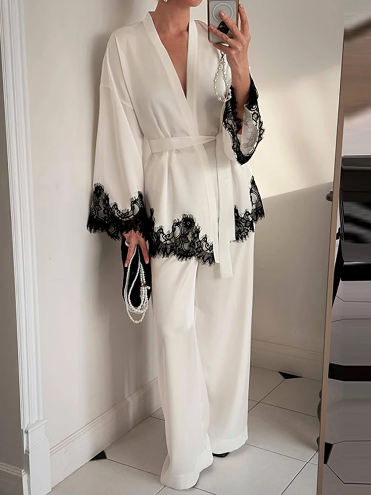 

Lace Patchwork Satin Loose Suit Elegant Solid Color Party Outfit Fashion Deep V Long Sleeved Top with Long Pants Women's 2pc Set