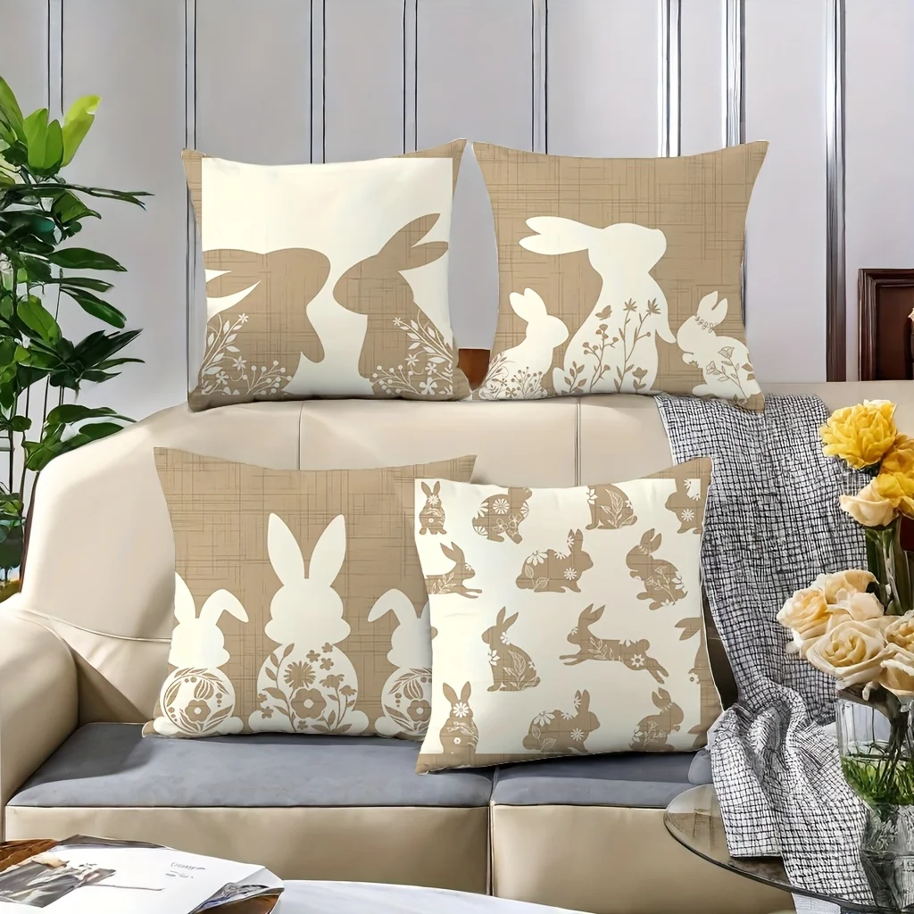 Moderner Osterhasen-Kissenbezug, Weißer Hase & Blumenmuster, Maschinenwaschbarer Kissenbezug für Wohnzimmer-Sofa-Dekoration