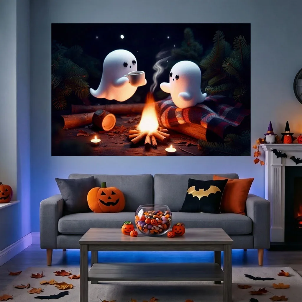 Halloween Kawaii Gothic Tapestry Two Cute Ghosts Candle Night Scene Print Wall Hanging Dorm Bedroom Party Decor Gift