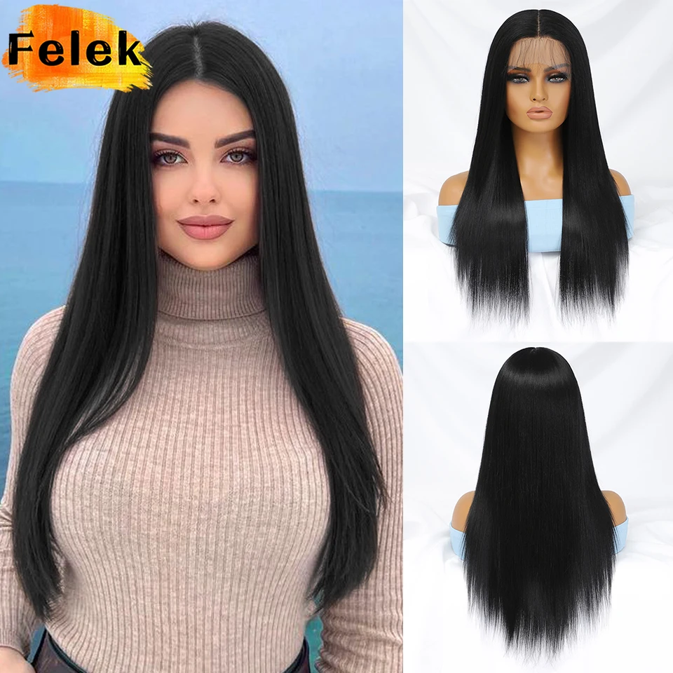 

T Part Synthetic Lace Wig With Baby Hair 24 Inch Silky Straight Lace Front Wigs High Quality Ombre Chocolate Brown American Wigs