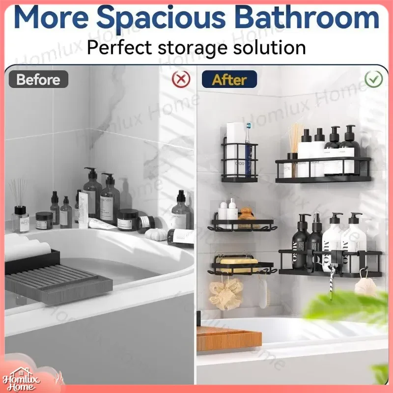 Large Capacity Bathroom Storage Rack Set No Drilling Wrought Iron Shower Gel Organizer Wall Mounted Bathroom Shelf for Small