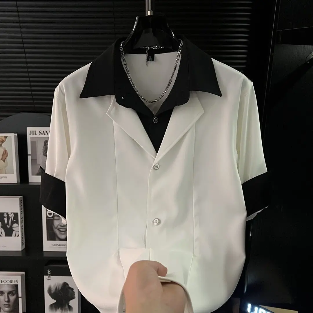 

False Two-piece Shirt Men's Summer Cool New High-End Color-Block Casual Korean Trendy Short Sleeve Fashion Top White