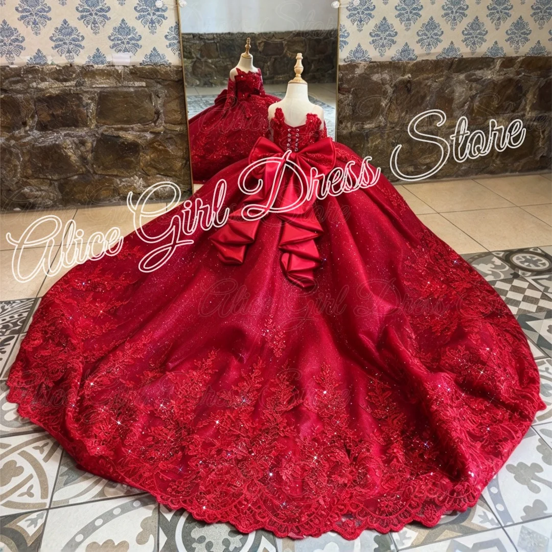 Red Flower Girl Dress For Wedding with Big Bow Trail Lace Appliques Girls Birthday Party First Communion Gowns Customized