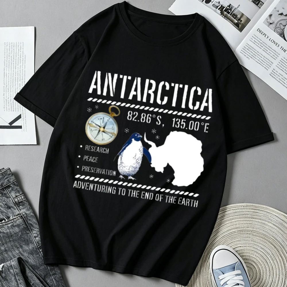 Antarctica Adventure Penguin Map Compass T Shirt Men Women Vintage Antarctic Coordinates Graphic Tee Casual Short Sleeve Tops