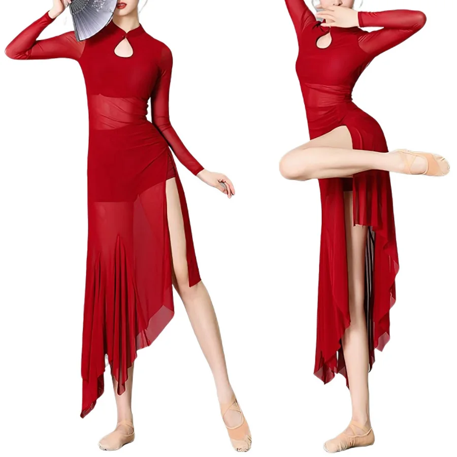 女性用モダンリリカルダンスパフォーマンスコスチューム、ノースリーブラインストーン付きスプリットメッシュレオタードドレス、バレエ、体操、スケート用
