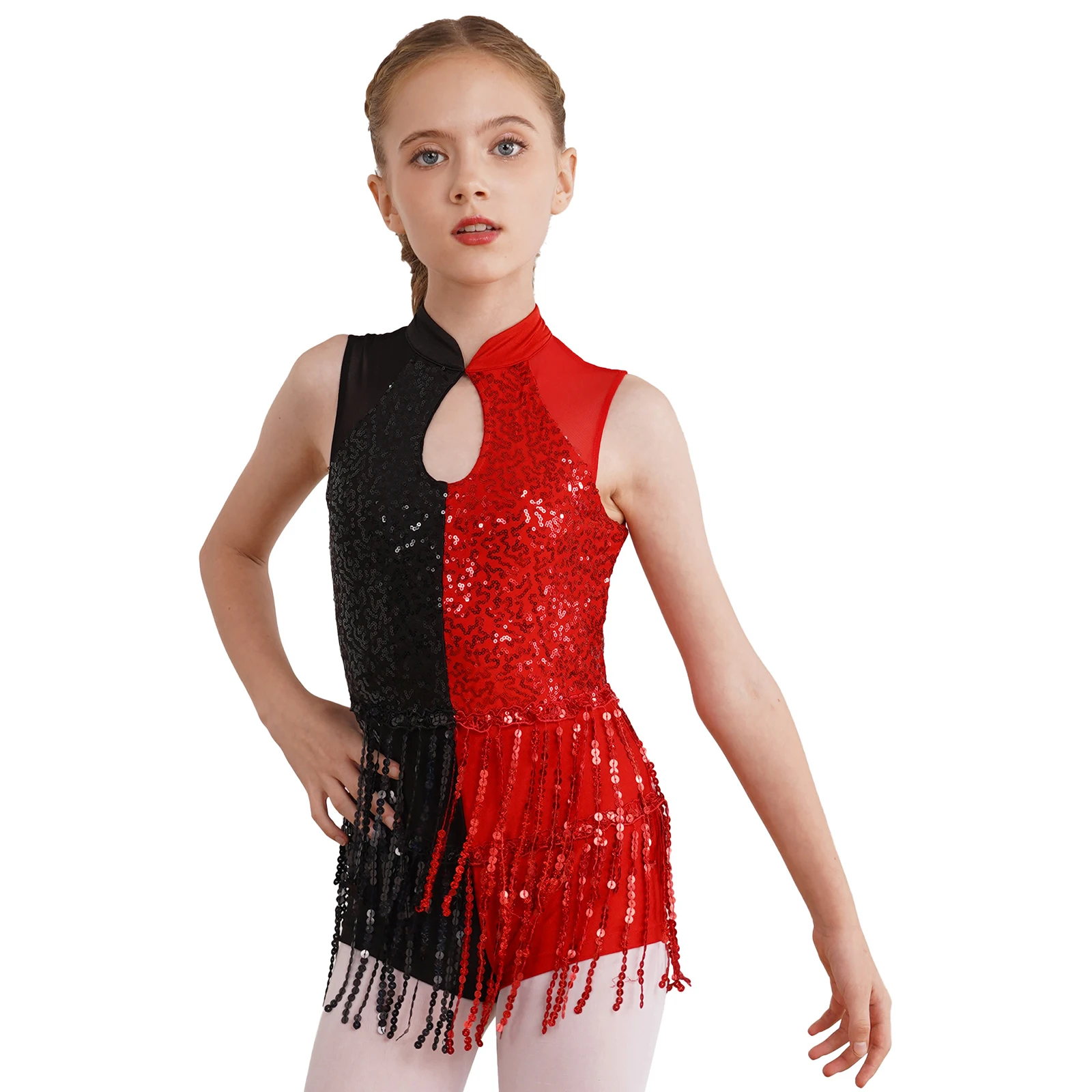 

Kids Girls Glittery Sequins Tassels Leotard Sheer Mesh Patchwork Keyhole Sleeveless Jumpsuit for Figure Skating Jazz Dance