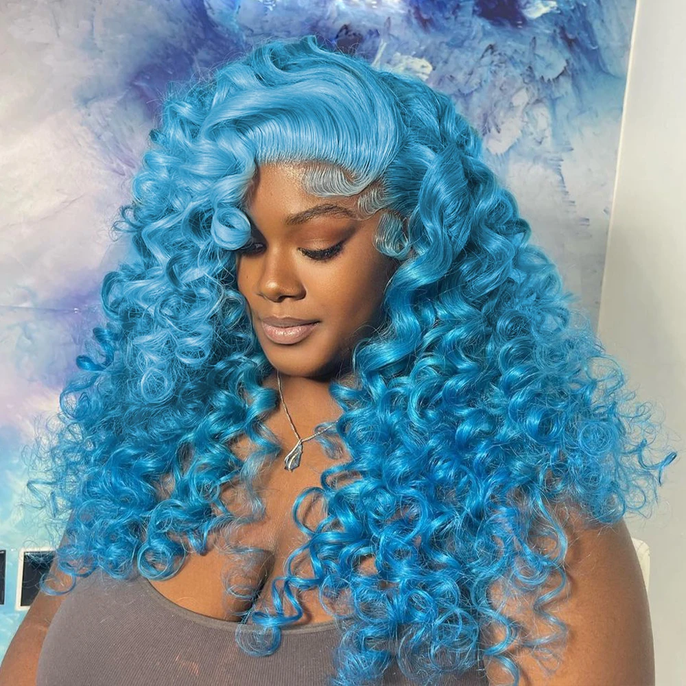 

Baby Blue Loose Wave Human Hair Lace Front Wig 13x4 13x6 100% Colored Human Hair Wig Light Blue Curly Wigs For Women 250 Density