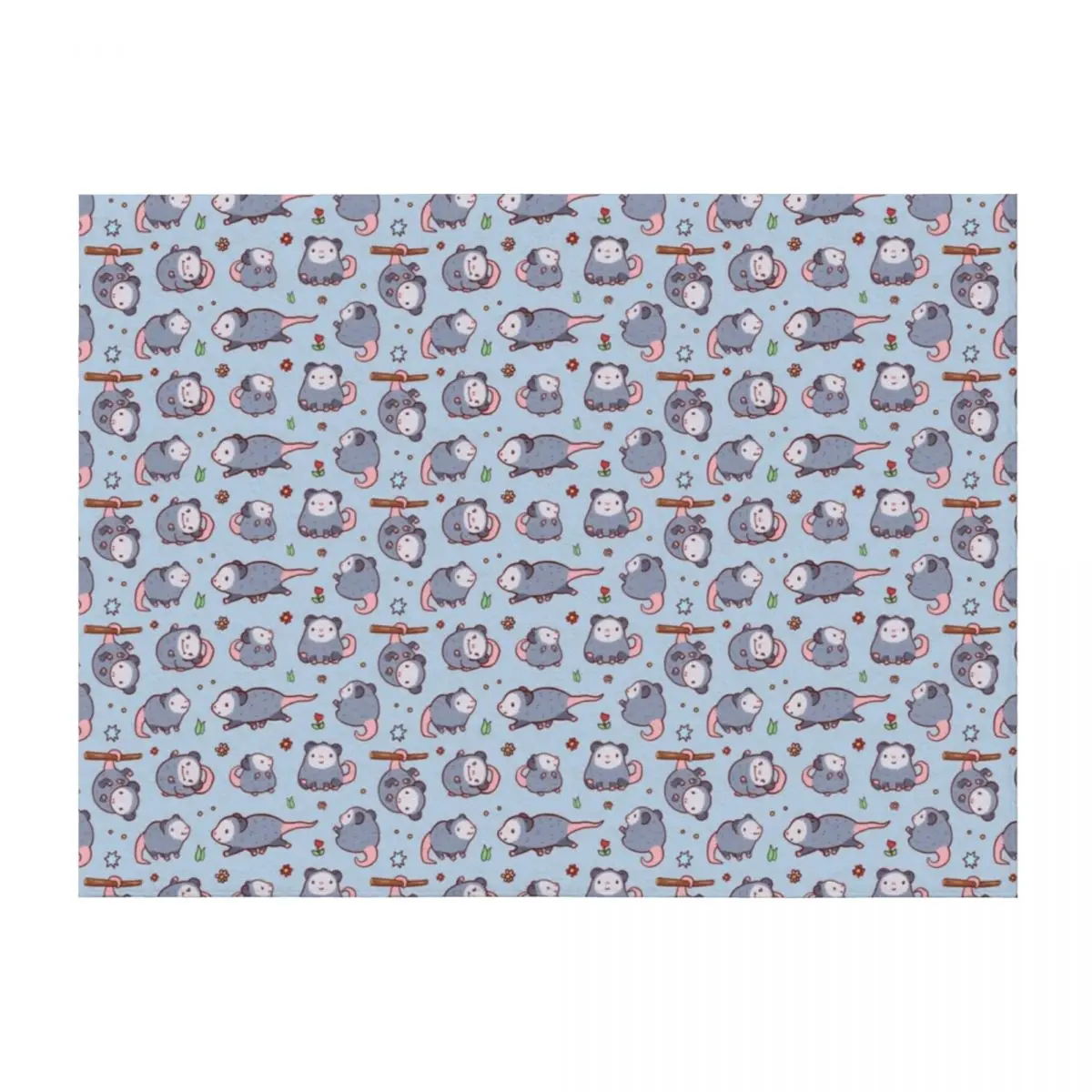 

Cute opossum pattern in blue and grey colours, kawaii opossum Throw Blanket funny gift Vintage warm for winter Blankets
