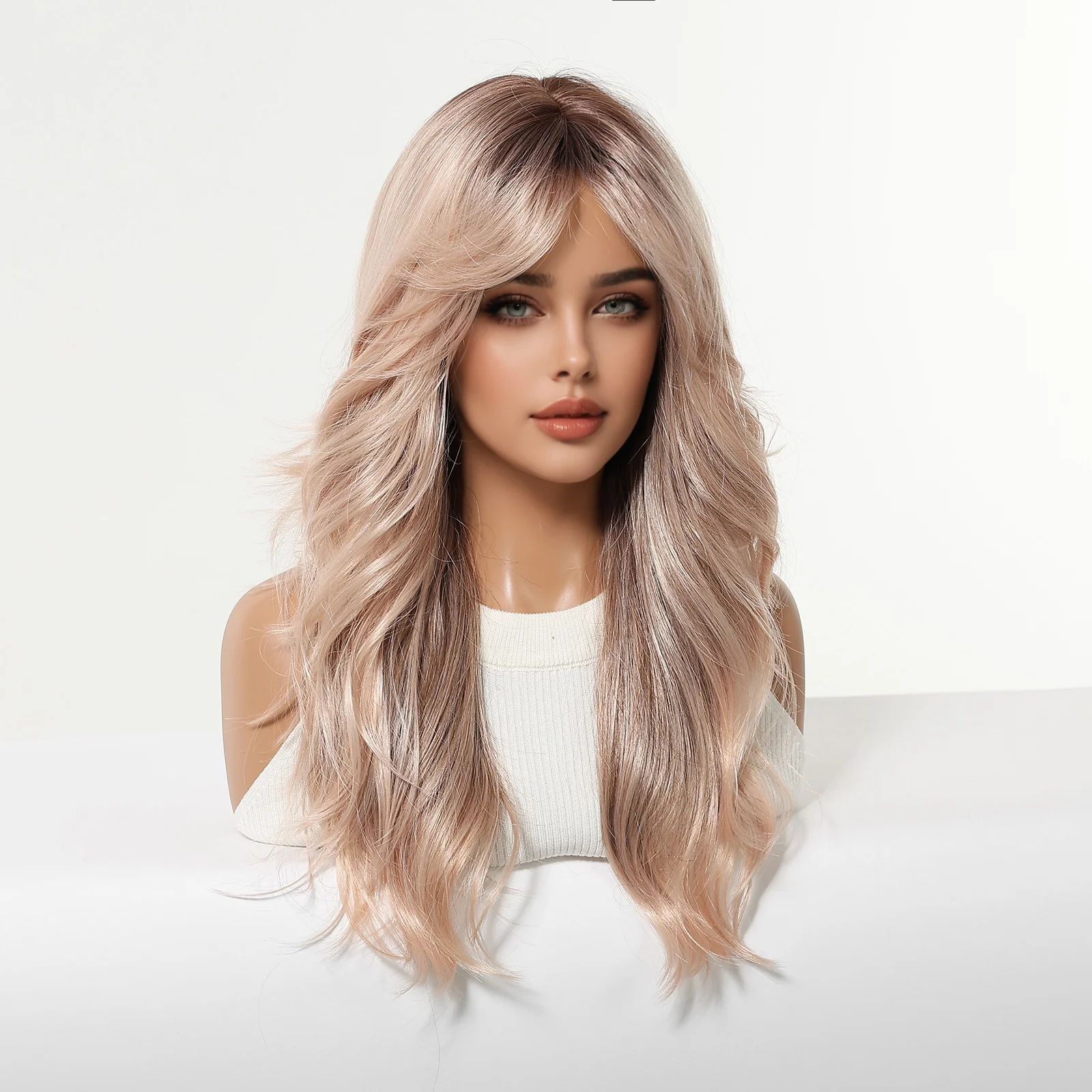 Rose Blonde Ombre Brown Long Natural Wave Synthetic Wigs with Bangs for Women Heat Resistant Daily Cosplay Party Hairs Wig Use
