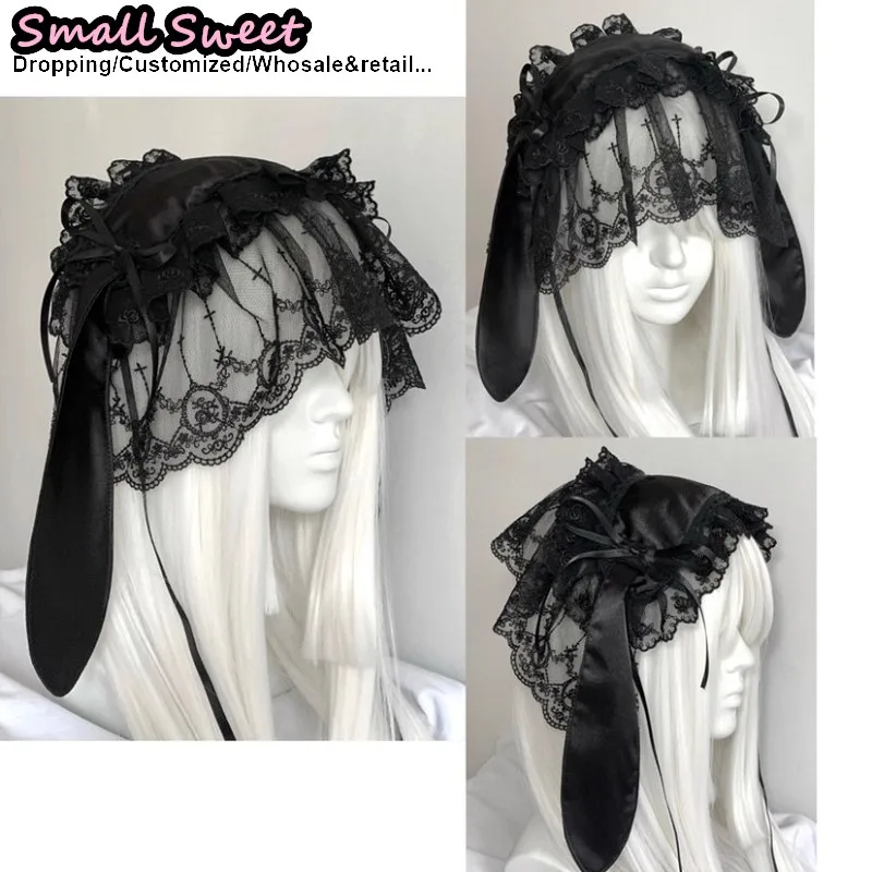 

Harajuku Goth Bunny Ear Bow Hair bands Gothic Lolita Y2K girl Rabbit ears hair band Punk Lace Ruffled Headband Hair Hoop
