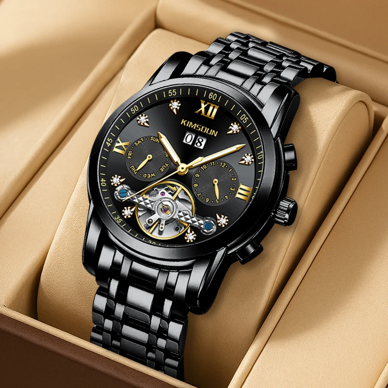 

Мужские полностью автоматические механические часы с простым и стильным круглым циферблатом с маховиком и черным стальным ремешком.