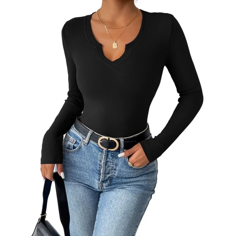 Autumn Women Long Sleeve Shirts V-Neck Slim Fitted Knit Top Stretch Ribbed Basic Tee Casual Y2k Going Out T-Shirt