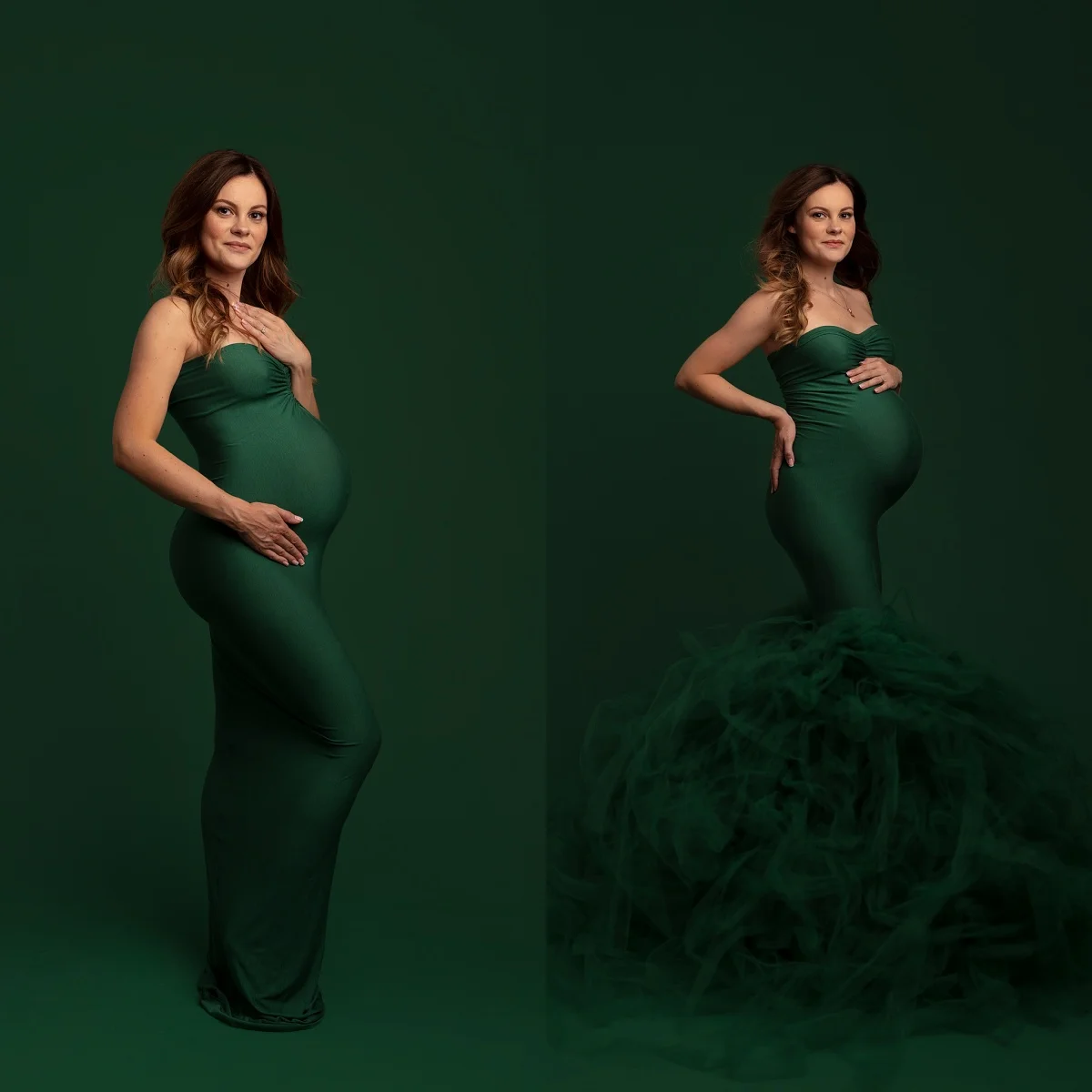 

Dark Green Evening Gowns Sexy Mermaid Photography Robes with Detachable Tiered Ruffles Sleeveless Women Pregnancy Dresses